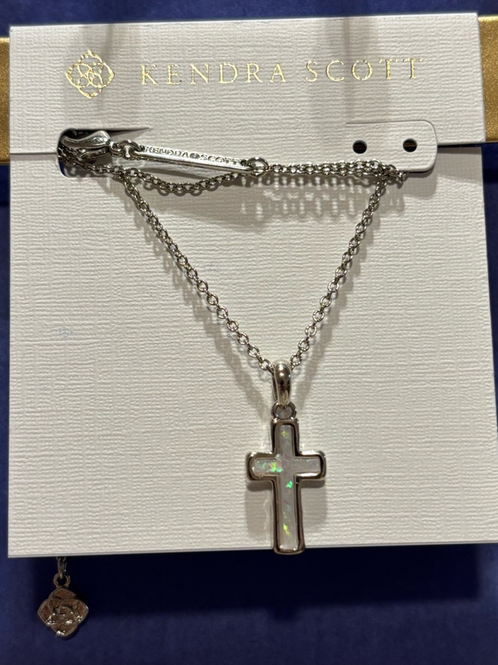 Kendra Scott Cross Silver Pendant Necklace in White Lab Grown Opal
